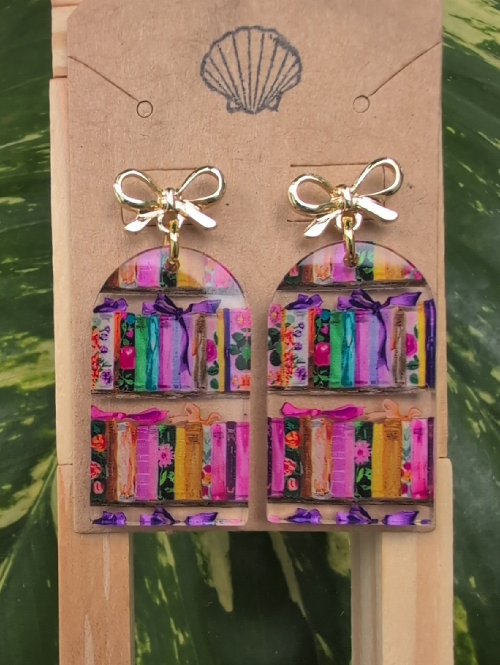 Gold Bow & Multicolor Bookshelf Arch Drop Earrings